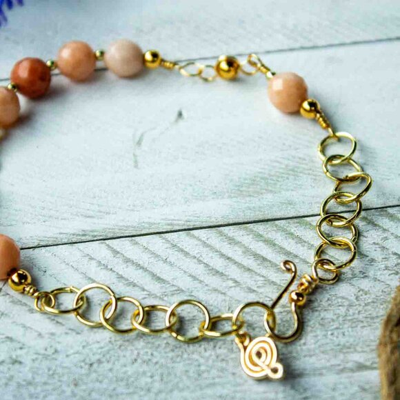 Peach Aventurine Bead Bracelet with Handmade Gold Chain Links - Picture 11 of 15